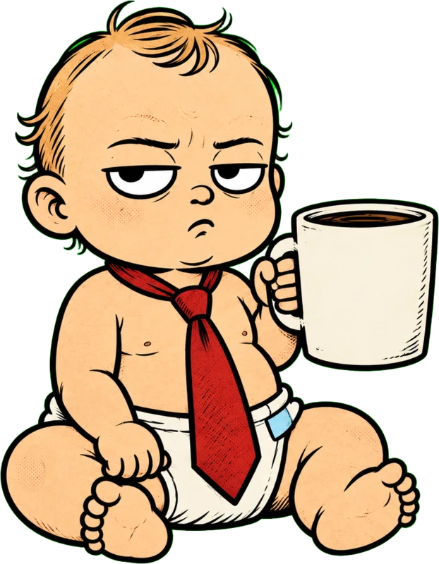 Vinnie the baby, unimpressed, holding a giant coffee